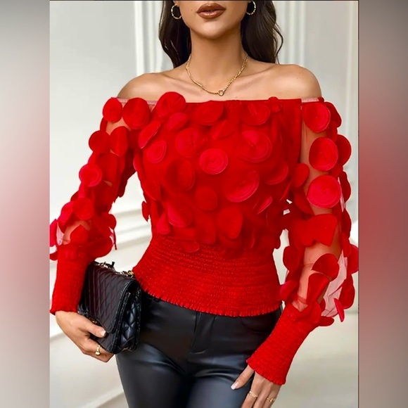 Elegant Off-Shoulder Blouse in Vibrant Red Top with Applique Detailing, NIP - Picture 1 of 3